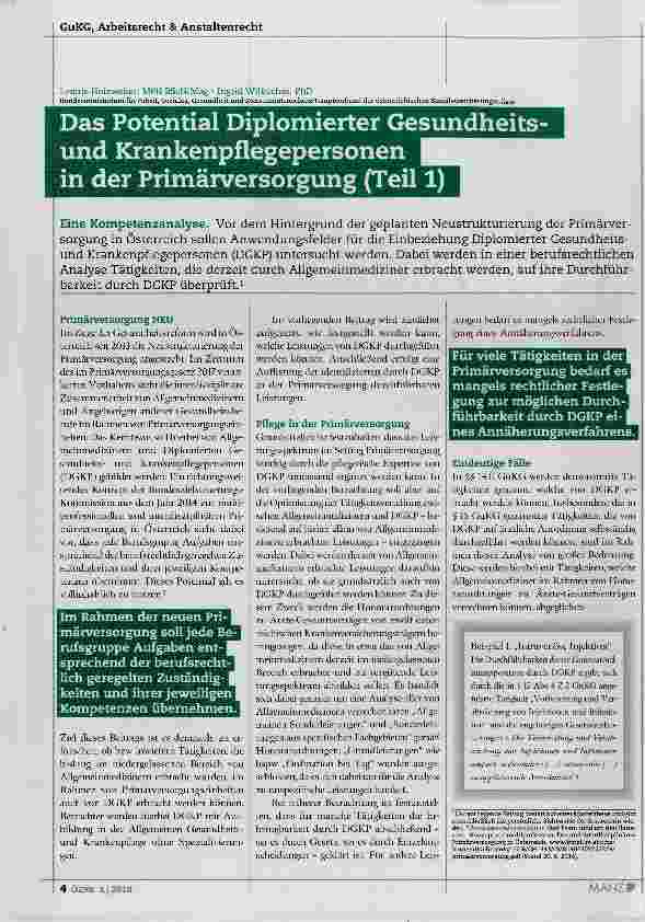 Vorschauseite 1: Das Potential Diplomierter Gesundheitsund Krankenpflegepersonen in der Primärversorgung (Teil 1)