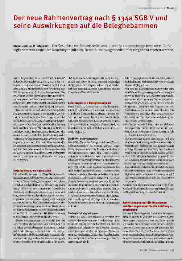 Vorschauseite 1: Der neue Rahmenvertrag nach § 134a SGB V und seine Auswirkungen auf die Beleghebammen