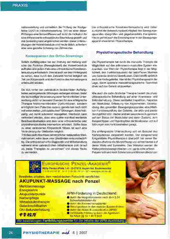 Vorschauseite 6: Physiotherapie bei cranio-mandibulären DysfunktionenEine Herausforderung konsiliarischer Zusammenarbeit von Zahnärzten, Orthopäden und Physiotherapeuten