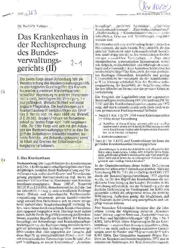 Vorschauseite 1: Das Krankenhaus in der Rechtsprechung des Bundesverwaltungsgerichts Teil II