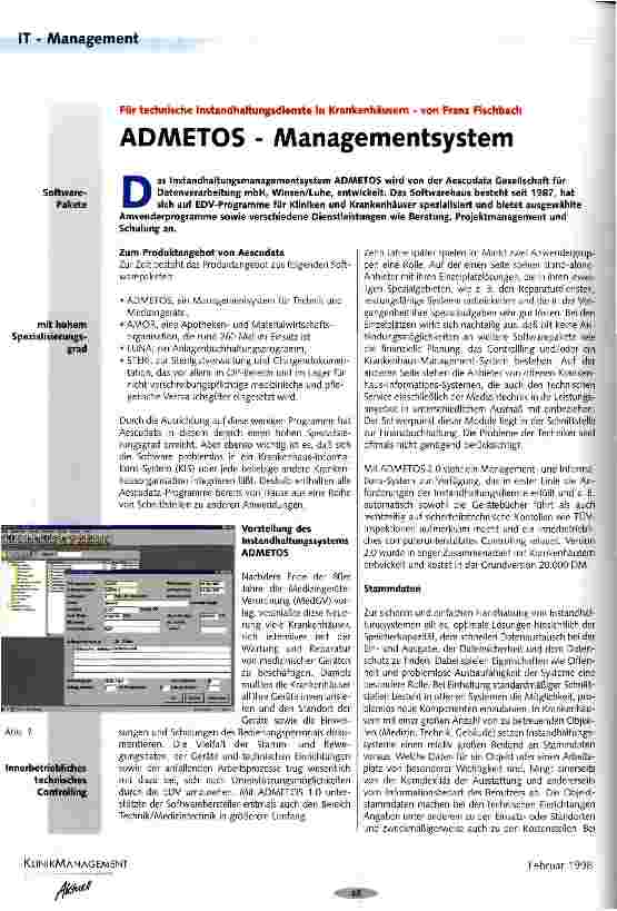 Vorschauseite 1: ADMETOS-Managementsystem. Für technische Instandhaltungsdienste in Krankenhäusern