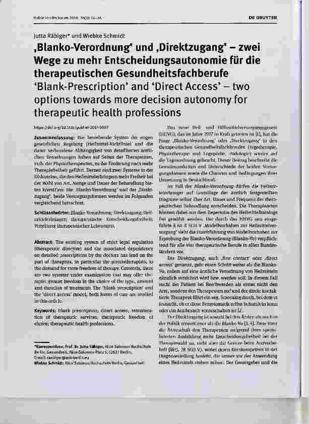Vorschauseite 1: Blanko-Verordnung und Direktzugang zwei Wege zu mehr Entscheidungsautonomie für die therapeutischen Gesundheitsfachberufe