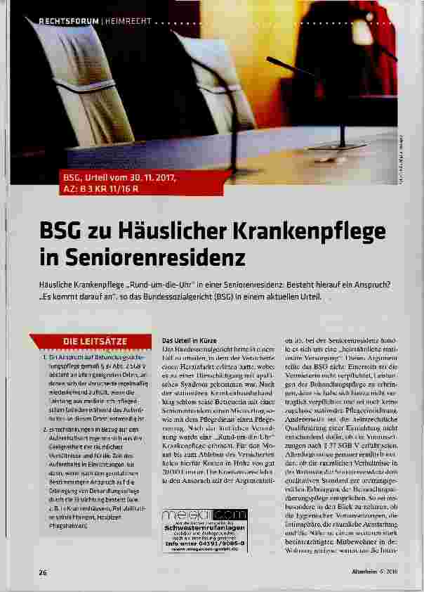 Vorschauseite 1: BSG zu Häuslicher Krankenpflege in Seniorenresidenz