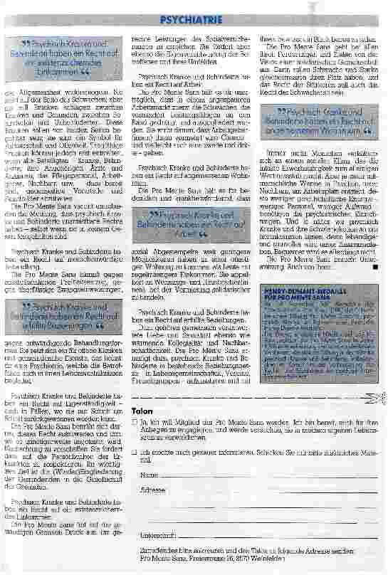Vorschauseite 2: Brücken statt Mauern /// Pro Mente Sana hat eine Charta ausgearbeitet, die psychisch Kranken o. Behinderten unantastbare Rechte zusichert