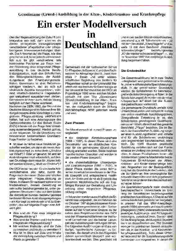Vorschauseite 1: Ein erster Modellversuch in Deutschland Gemeinsame Ausbildung in der Alten-, Kinderkrankenund Krankenpflege