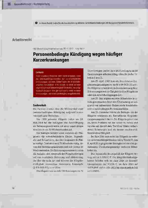 Vorschauseite 1: Personenbedingte Kündigung wegen häufiger Kurzerkrankungen