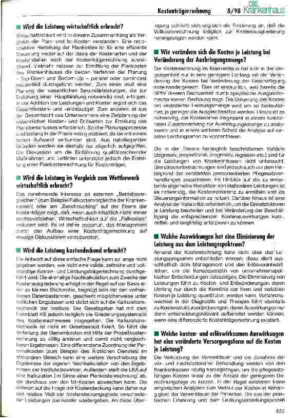Vorschauseite 2: Brauchen wir eine Kostenträgerrechnung im Krankenhaus?
