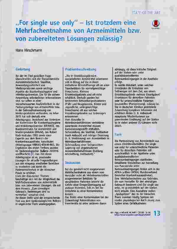 Vorschauseite 1: „For single use only 1st trotzdem eine Mehrfachentnahme von Arzneimitteln bzw. von zubereiteten Lösungen zulässig?