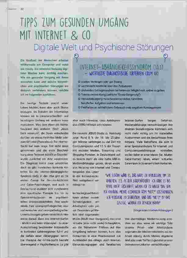 Vorschauseite 1: Digitale Welt und Psychische Störungen INTERNET-AbHÄNGIGKEITSSYNDliOM (lAS)- WICHTIGSTE DIAGNOSTISCHE Kriterien (DSM IV)