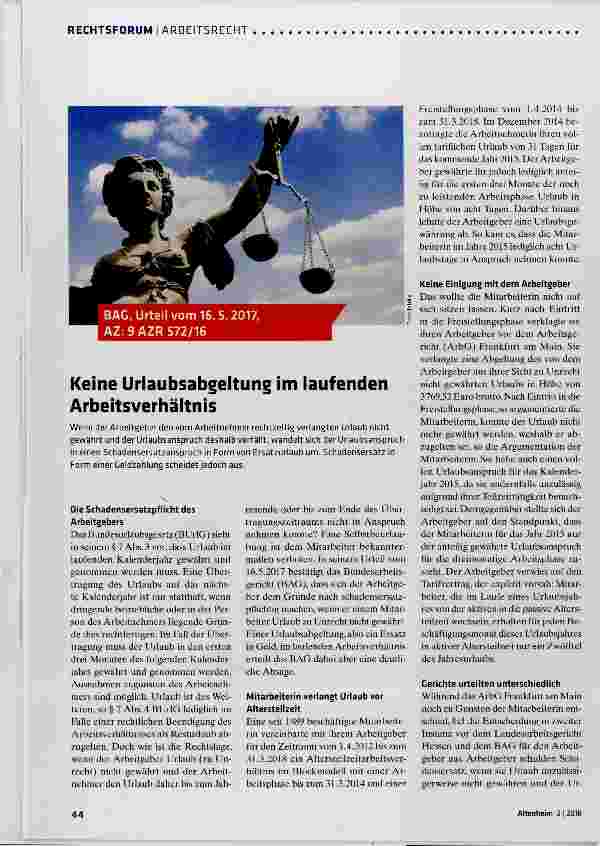 Vorschauseite 1: Keine Urlaubsabgeltung im laufenden Arbeitsverhältnis