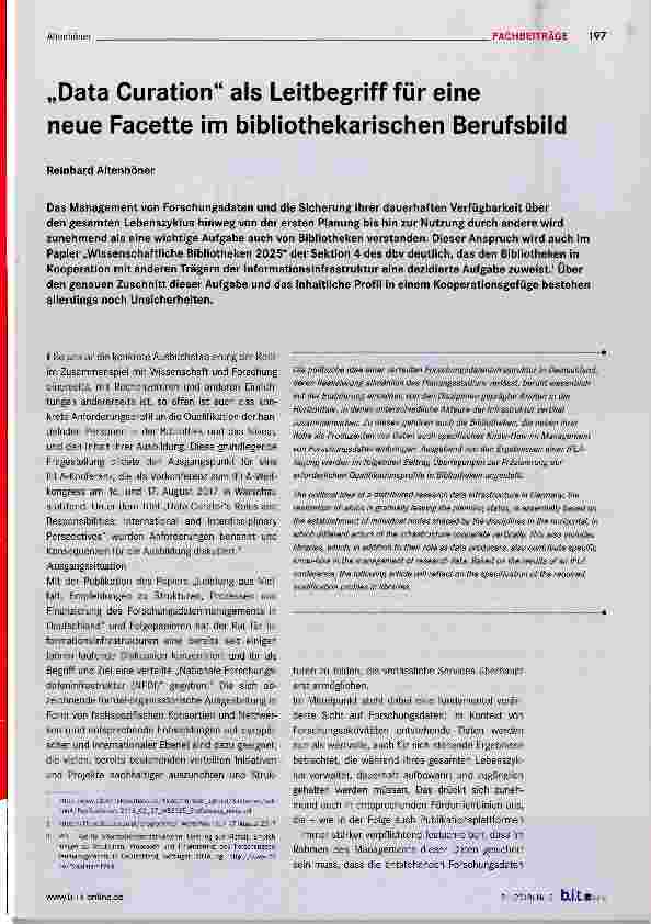 Vorschauseite 1: „Data Curation“ als Leitbegriff für eine neue Facette im bibliothekarischen Berufsbild