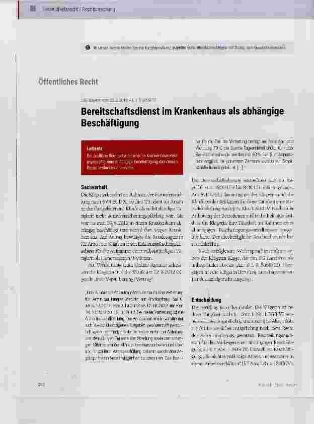 Vorschauseite 1: Bereitschaftsdienst im Krankenhaus als abhängige Beschäftigung