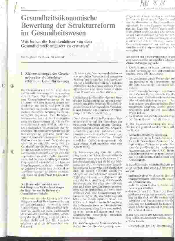 Vorschauseite 1: Gesundheitsökonomische Bewertung der Strukturreform im Gesundheitswesen // Was haben die Krankenhäuser von dem Gesundheitsrefomgesetz zu erwarten
