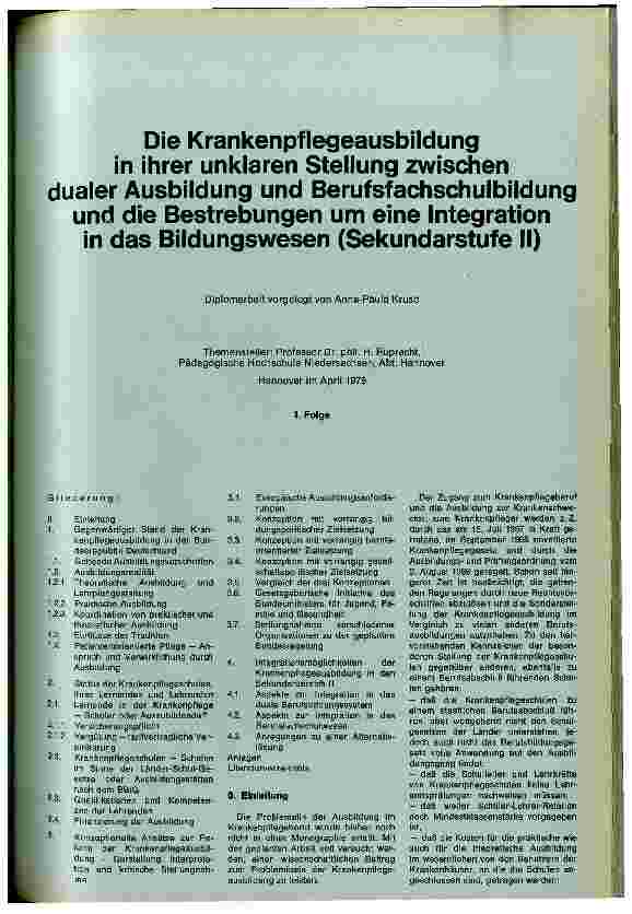 Vorschauseite 1: Die Krankenpflegeausbildung in ihrer unklaren Stellung zwischen dualer Ausbildung und Berufsfachschulbildung und die Bestrebungen um eine Integration in das Bildungswesen (Sekunda…
