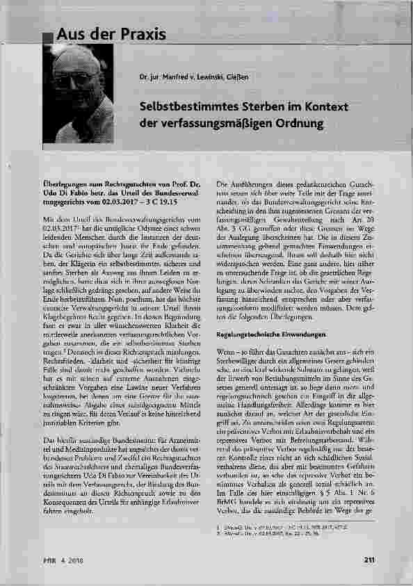 Vorschauseite 1: Selbstbestimmtes Sterben im Kontext der verfassungsmäßigen Ordnung