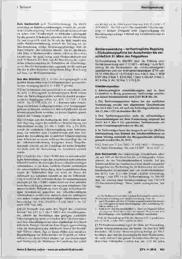 Vorschauseite 1: Sonderzuwendung tarifvertragliche Regelung Rückzahlungspflicht bei Ausscheiden bis einschließlich 31. März des Folgejahres