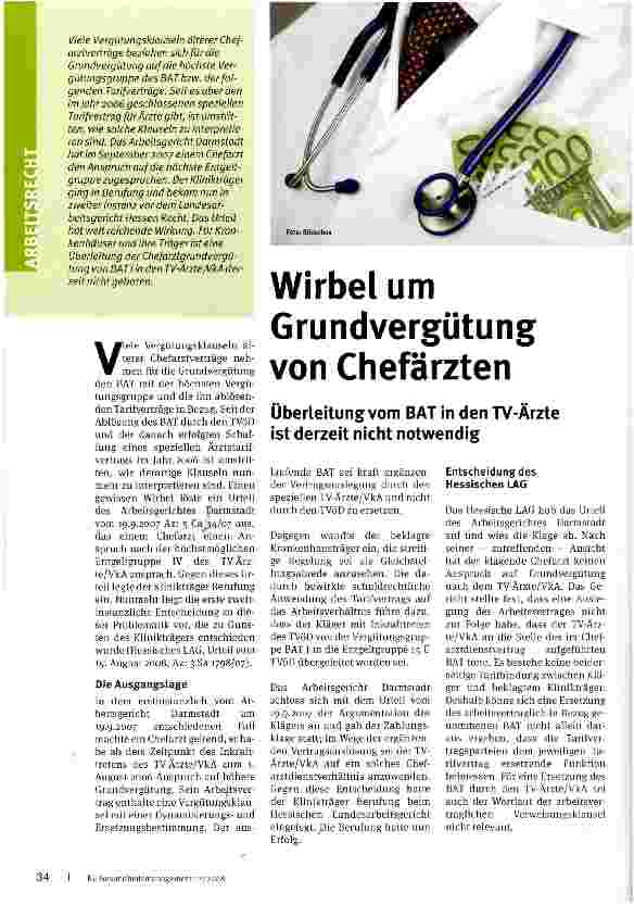 Vorschauseite 1: Wirbel um Grundvergütung von Chefärzten Überleitung vom BAT in den TV-Ärzte ist derzeit nicht notwendig