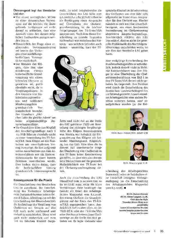 Vorschauseite 2: Wirbel um Grundvergütung von Chefärzten Überleitung vom BAT in den TV-Ärzte ist derzeit nicht notwendig