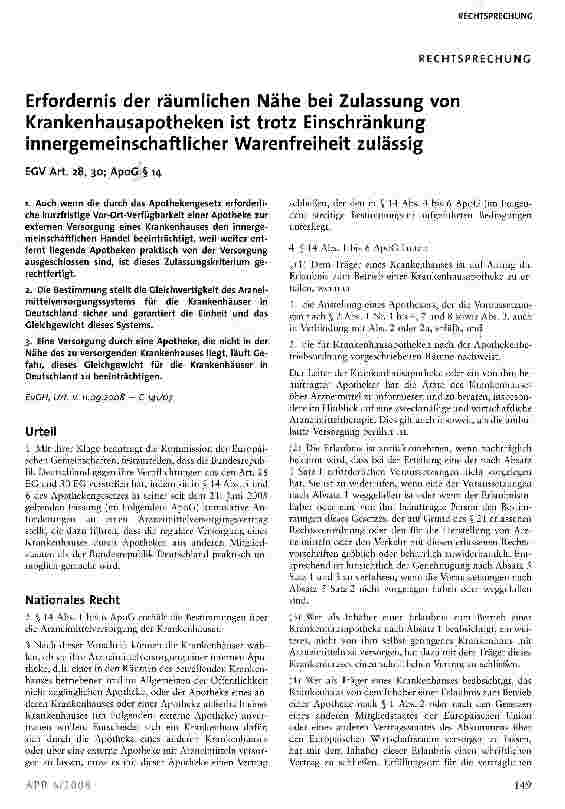 Vorschauseite 1: Erfordernis der räumlichen Nähe bei Zulassung von Krankenhausapotheken ist trotz Einschränkung innergemeinschaftlicher Warenfreiheit zulässig