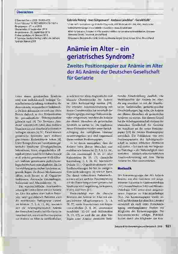 Vorschauseite 1: Anämie im Alter ein geriatrisches Syndrom? Zweites Positionspapier zur Anämie im Alter der AG Anämie der Deutschen Gesellschaft für Geriatrie
