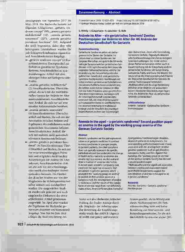 Vorschauseite 2: Anämie im Alter ein geriatrisches Syndrom? Zweites Positionspapier zur Anämie im Alter der AG Anämie der Deutschen Gesellschaft für Geriatrie