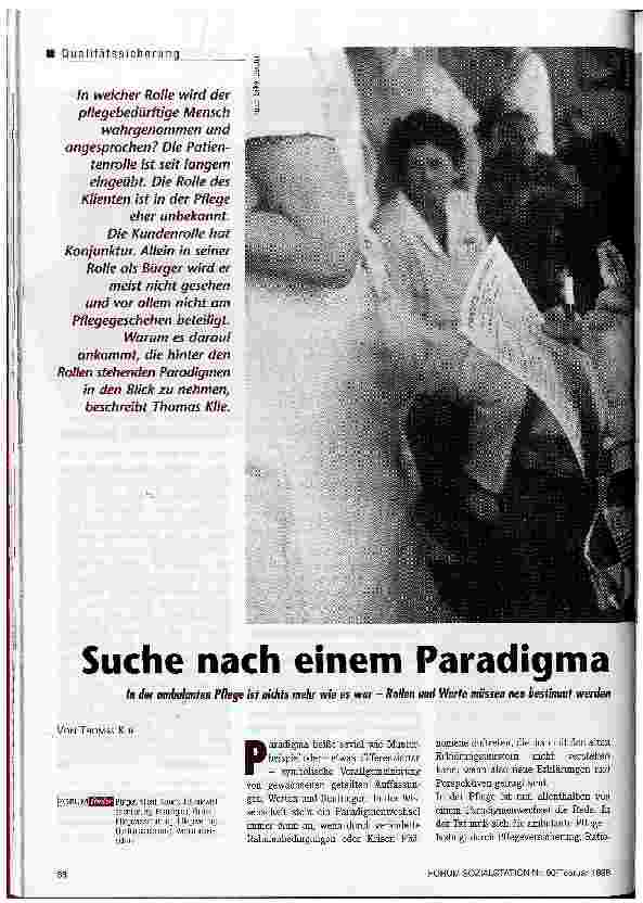 Vorschauseite 1: Suche nach einem Paradigma In der ambulanten Pflege ist nichts mehr wie es war - Rollen und Werte müssen neu bestimmt werden