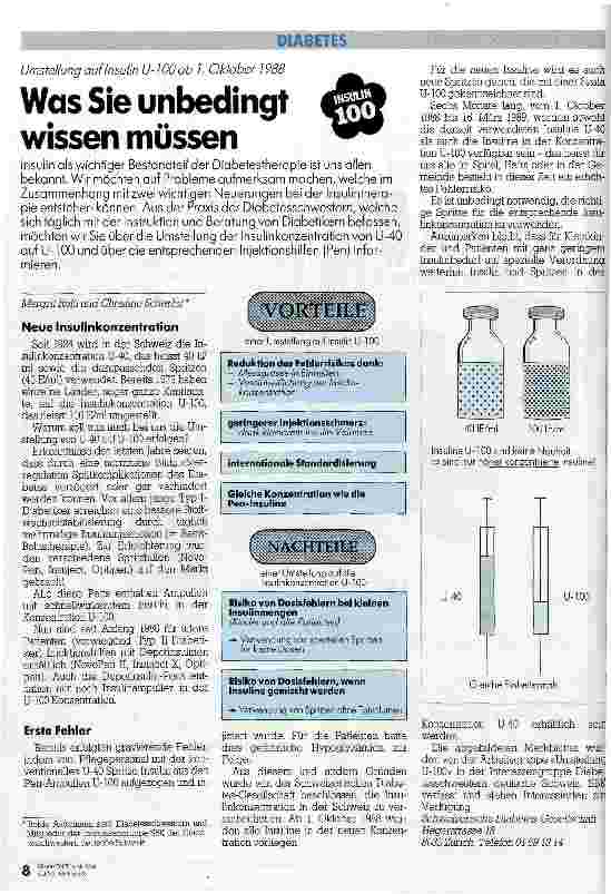 Vorschauseite 1: Was Sie unbedingt wissen müssen Umstellung auf Insulin U-100 ab 1. Oktober 1988 (in der Schweiz)