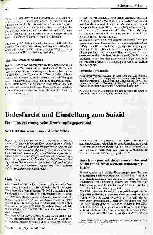 Vorschauseite 1: Todesfurcht und Einstellung zum Suizid Eine Untersuchung beim Krankenpflegepersonal