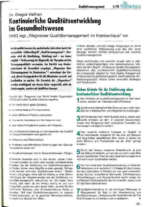Vorschauseite 1: Kontinuierliche Qualitätsentwicklung im Gesundheitswesen BMG legt Wegweiser Qualitätsmanagement im Krankenhaus vor