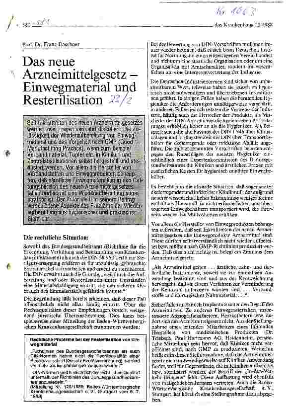 Vorschauseite 1: Das neue Arzneimittelgesetz - Einwegmaterial und Resterilisation