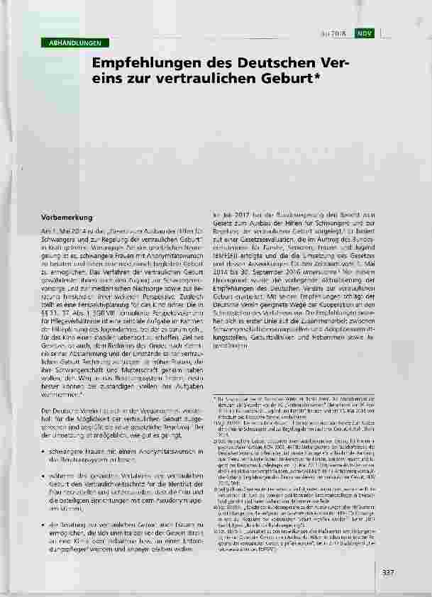 Vorschauseite 1: Empfehlungen des Deutschen Vereins zur vertraulichen Geburt