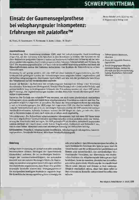 Vorschauseite 1: Einsatz der Gaumensegelprothese bei velopharyngealer Inkompetenz: Erfahrungen mit palatoflex™