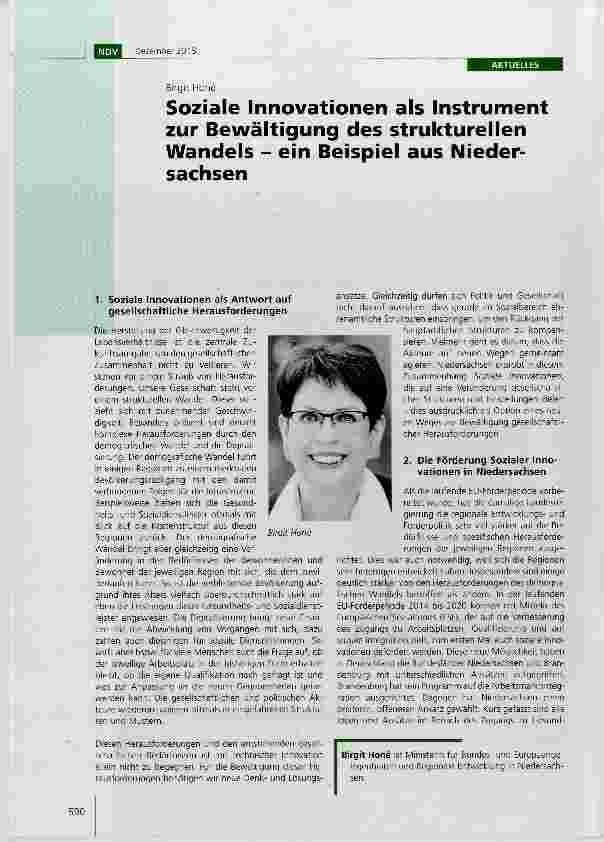 Vorschauseite 1: Soziale Innovationen als Instrument zur Bewältigung des strukturellen Wandels ein Beispiel aus Niedersachsen