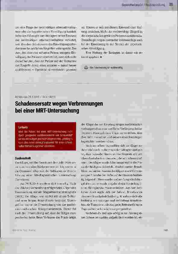 Vorschauseite 1: Schadensersatz wegen Verbrennungen bei einer MRT-Untersuchung