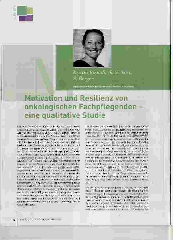 Vorschauseite 1: Motivation und Resilienz von onkologischen Fachpflegenden eine qualitative Studie