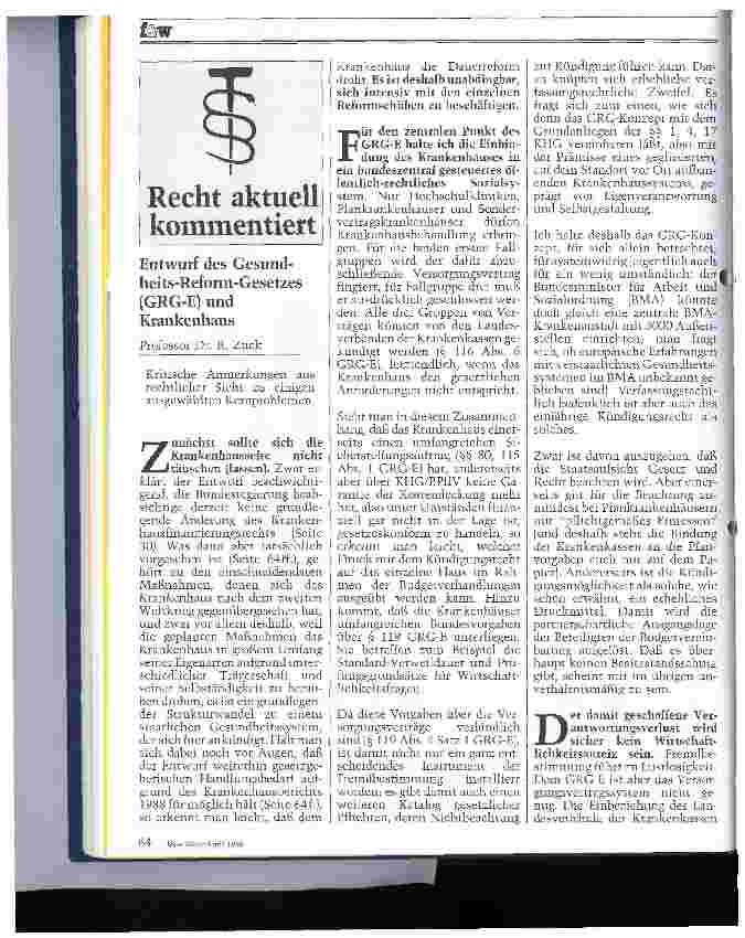 Vorschauseite 1: Entwurf des Gesundheits-Reform-Gesetzes (GRG-E) und Krankenhaus Kritische Anmerkungen aus rechtlicher Sicht zu einigen Kernproblemen