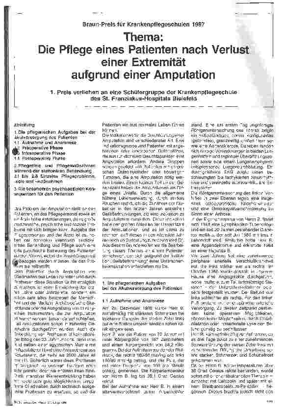 Vorschauseite 1: Braun-Preis für Krankenpflegeschulen 1987 Thema: Die Pflege eines Patienten nach Verlust einer Extremität aufgrund einer Amputation