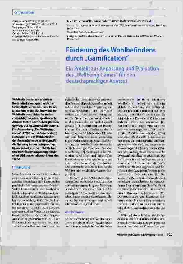 Vorschauseite 1: Förderung des Wohlbefindens durch „Gamihcation Ein Projekt zur Anpassung und Evaluation des „Wellbeing Games für den deutschsprachigen Kontext