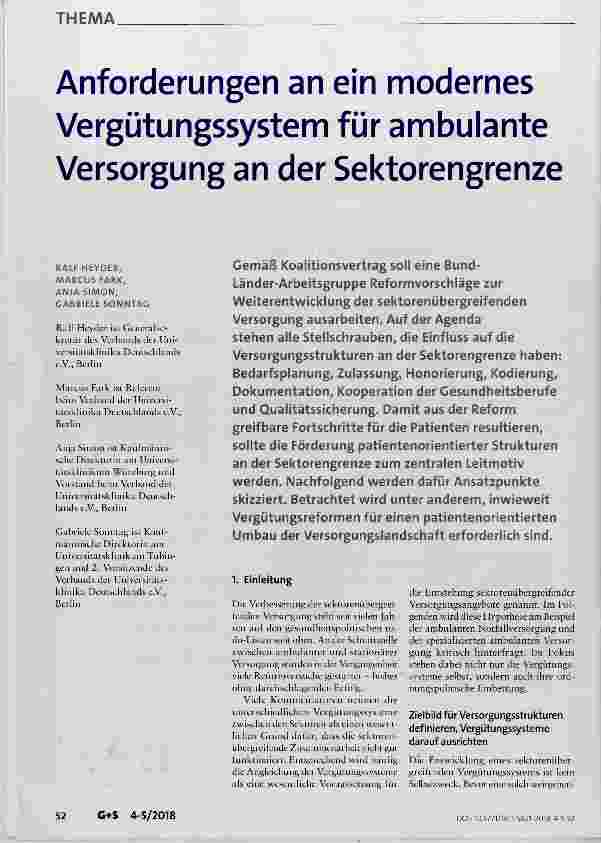 Vorschauseite 1: Anforderungen an ein modernes Vergütungssystem für ambulante Versorgung an der Sektorengrenze
