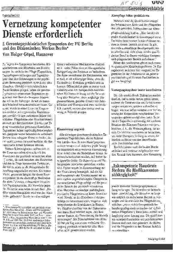 Vorschauseite 1: Tagungsbericht: Vernetzung kompetenter Dienst erforderlich 3. Gerontopsychiatrisches Symposion der FU Berlin