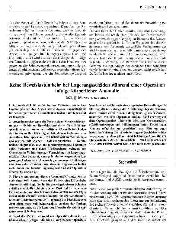 Vorschauseite 1: Keine Beweislastumkehr bei Lagerungsschäden während einer Operation infolge körperlicher Anomalie