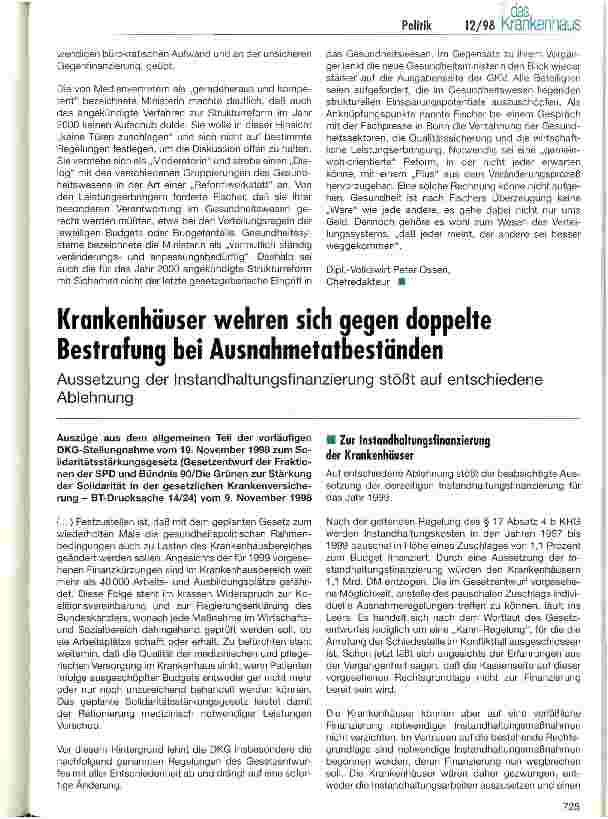 Vorschauseite 1: Krankenhäuser wehren sich gegen doppelte Bestrafung bei Ausnahmetatbeständen Aussetzung der Instandhaltungfinanzierung stößt auf entschiedene Ablehnung