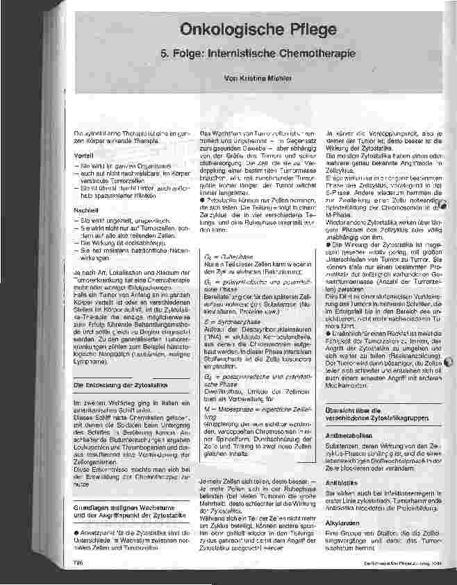 Vorschauseite 1: Onkologische Pflege 5. Folge: Internistische Chemotherapie
