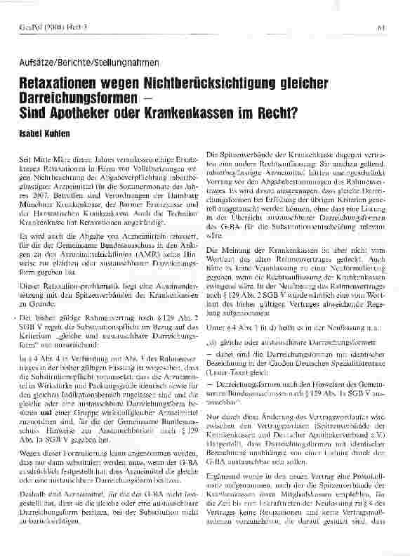Vorschauseite 1: Relaxationen wegen Nichtberücksichtigung gleicher Darreichungsformen -Sind Apotheker oder Krankenkassen im Recht?