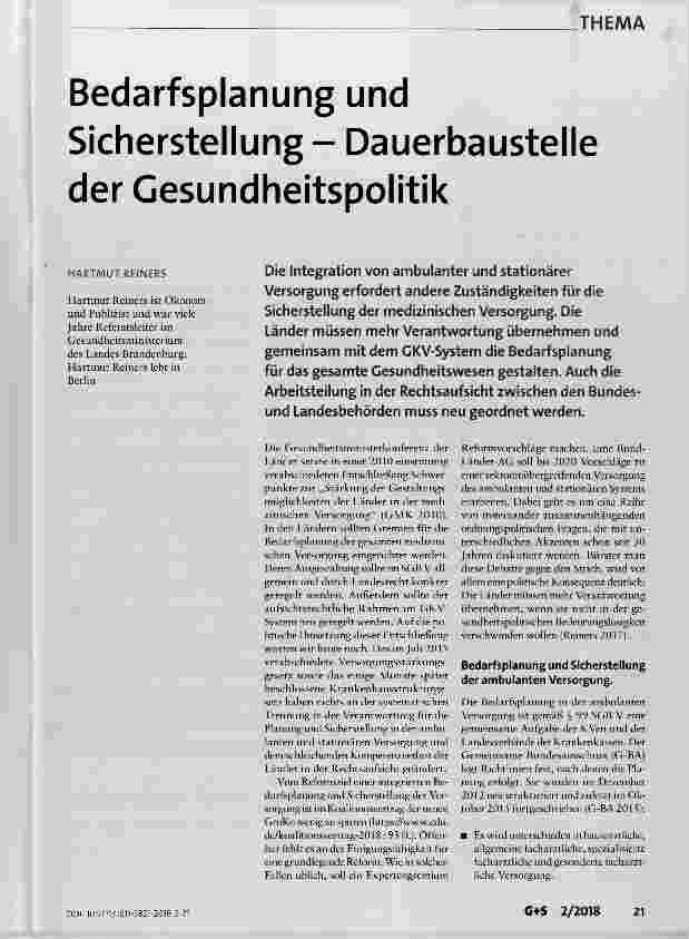 Vorschauseite 1: Bedarfsplanung und Sicherstellung Dauerbaustelle der Gesundheitspolitik