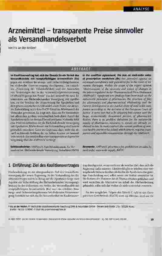 Vorschauseite 1: Arzneimittel transparente Preise sinnvoller als Versandhandelsverbot