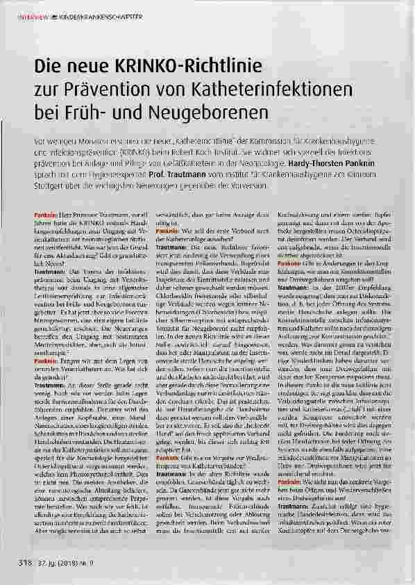 Vorschauseite 1: Die neue KRINKO-Richtlinie zur Prävention von Katheterinfektionen bei Frühund Neugeborenen