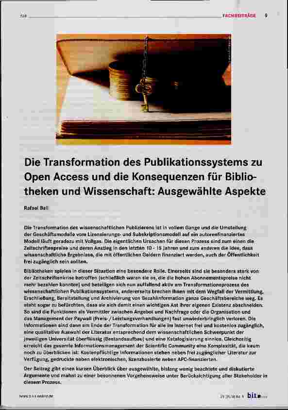 Vorschauseite 1: Die Transformation des Publikationssystems zu Open Access und die Konsequenzen für Bibliotheken und Wissenschaft: Ausgewählte Aspekte