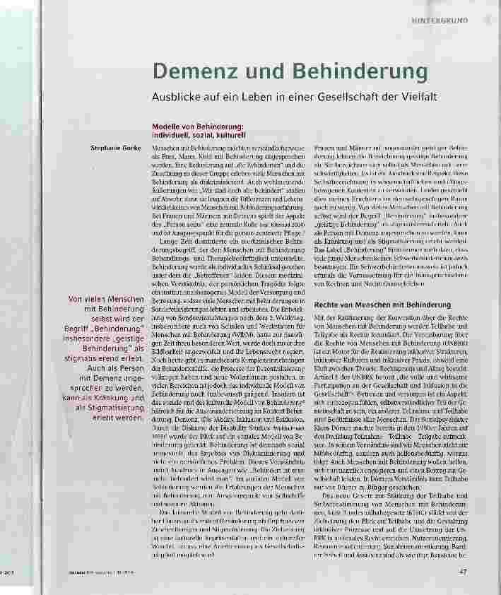 Vorschauseite 2: Demenz und Behinderung Ausblicke auf ein Leben in einer Gesellschaft der Vielfalt