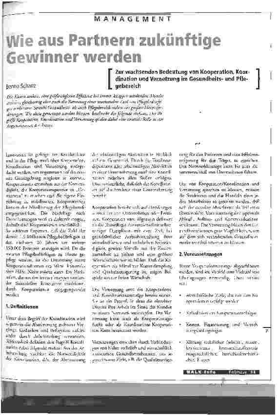 Vorschauseite 1: Wie aus Partnern zukünftige Gewinner werden (zur wachsenden Bedeutung von Kooperation, Kordination und Vernetzung im Gesundheitsund Pflegebereich)